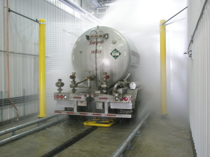 truck wash in industrial wash tunnel